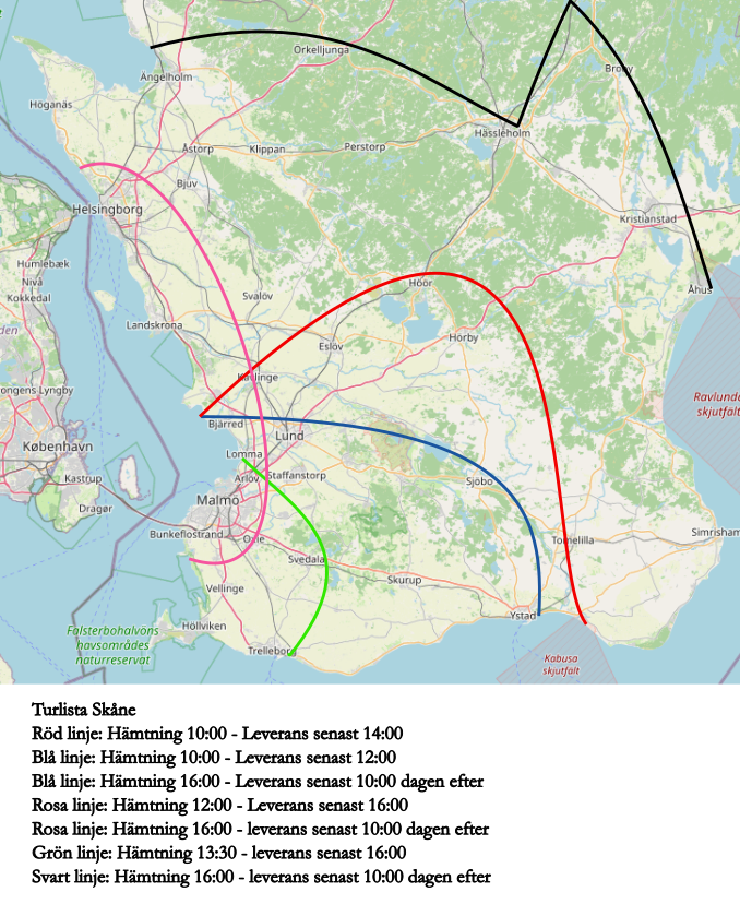 Karta över RBD:s turlistor i Skåne